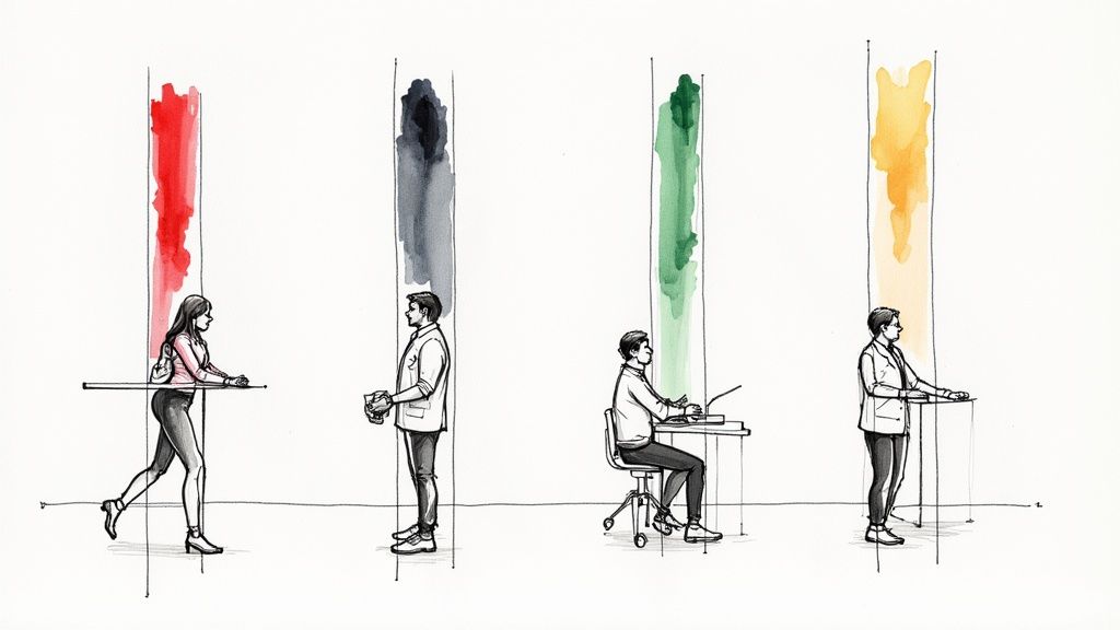 Un grupo de trabajadores de oficina participando en una actividad de bienestar, con enfoque en la colaboración y la energía positiva.