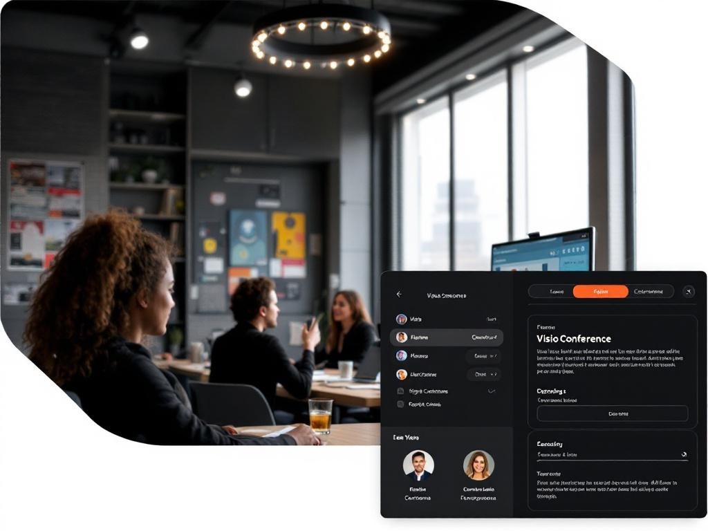 Visio Conference software interface on a laptop in a modern office setting.