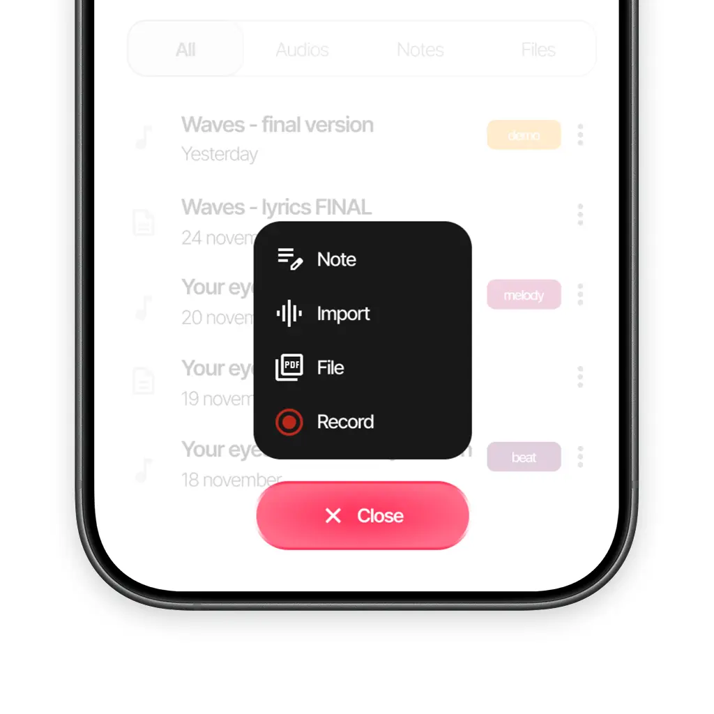 Add notes, import files, add files or record in Zoundroom