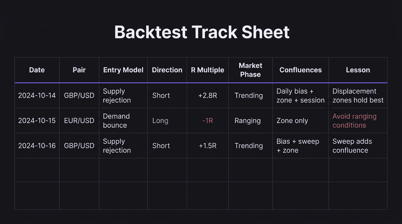 Backtest track sheet layout showing columns for date, pair, entry model, direction, R multiple, market phase, confluences, and lesson