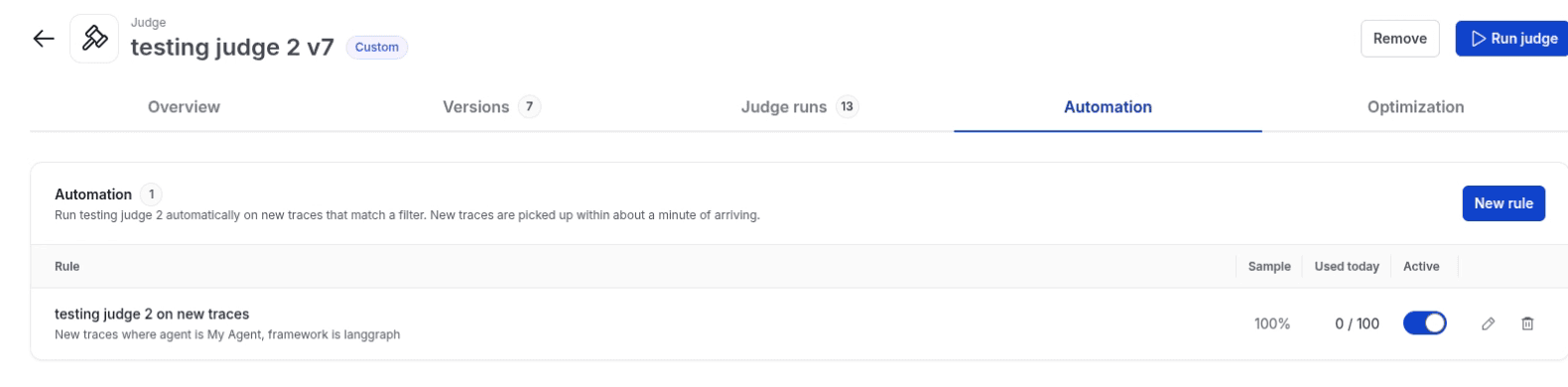 A judge's Automation tab with one active rule
