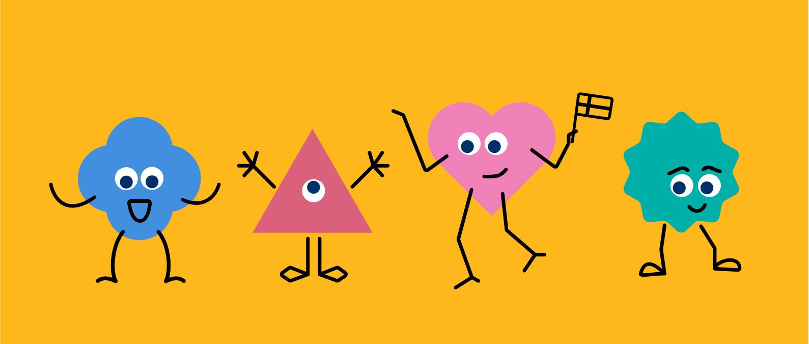 Illustration of happy shapes with googly eyes
