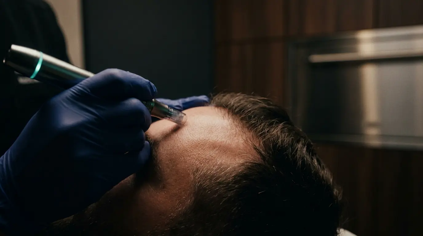 Close-up of a microneedling pen treating a man's hairline to support hair density.