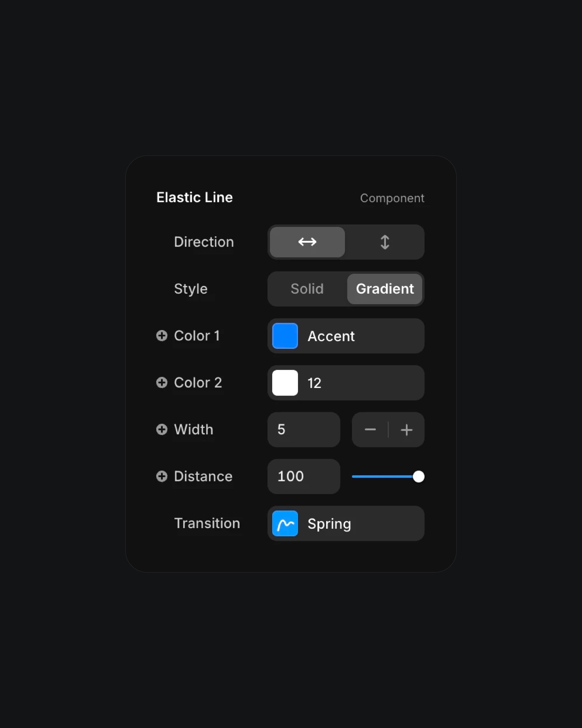 Settings panel for the Elastic Line component in Framer, displaying options for direction, style, colors, width, distance, and transition type