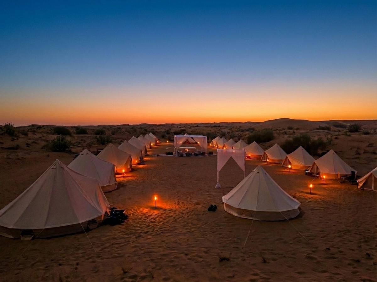 Desert glamping tents arranged around a campfire under a clear night sky, with the Milky Way galaxy visible above.