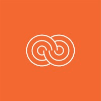 Logo featuring two swirling lines intertwining against an orange background. Simple, minimalist design.