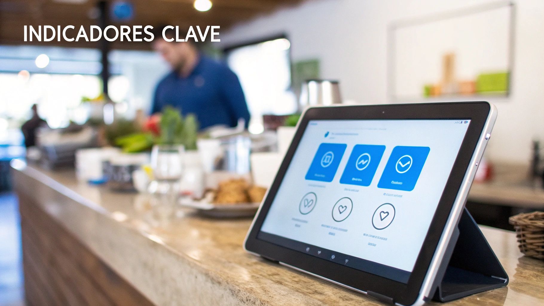 Tableta en un mostrador mostrando indicadores clave de rendimiento en una aplicación de gestión.