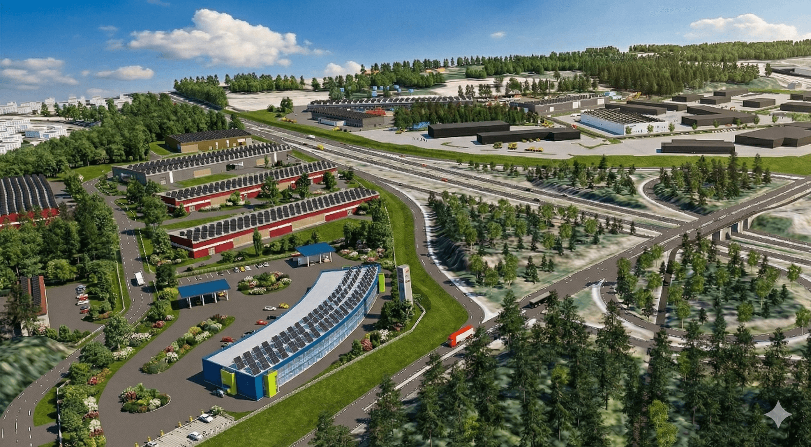 Ilmakuva Green Park yritysalueesta Lempäälässä aivan Ideaparkin ja valtaväylän vieressä