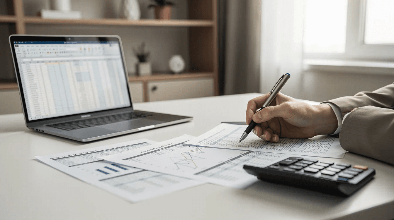 A person reviewing tax invoices and calculations at a desk with a laptop, preparing a UAE VAT refund claim