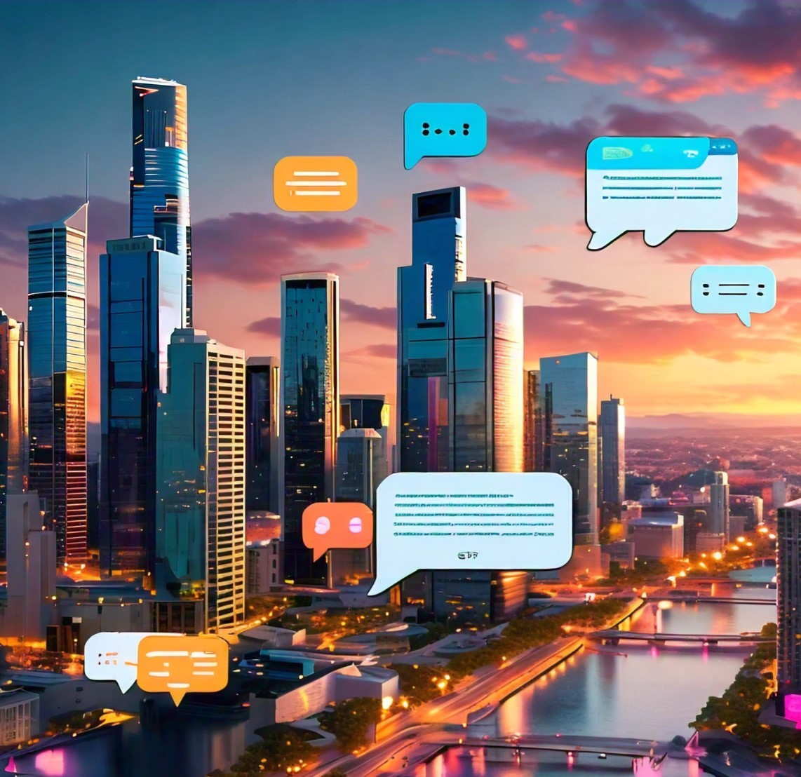 A futuristic cityscape of a major Australian city with chatbot speech bubbles overlaid