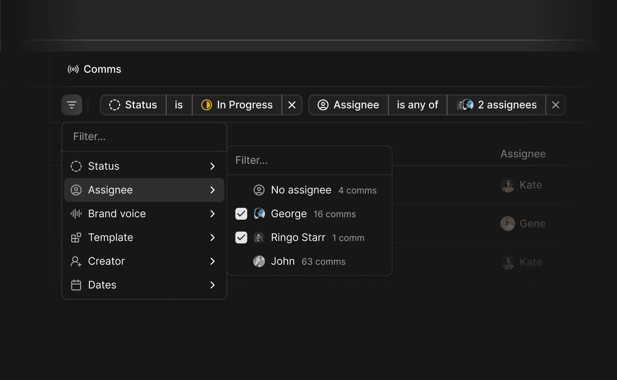 Filter menu showing comms filtered by status and assignees in Brivvy.