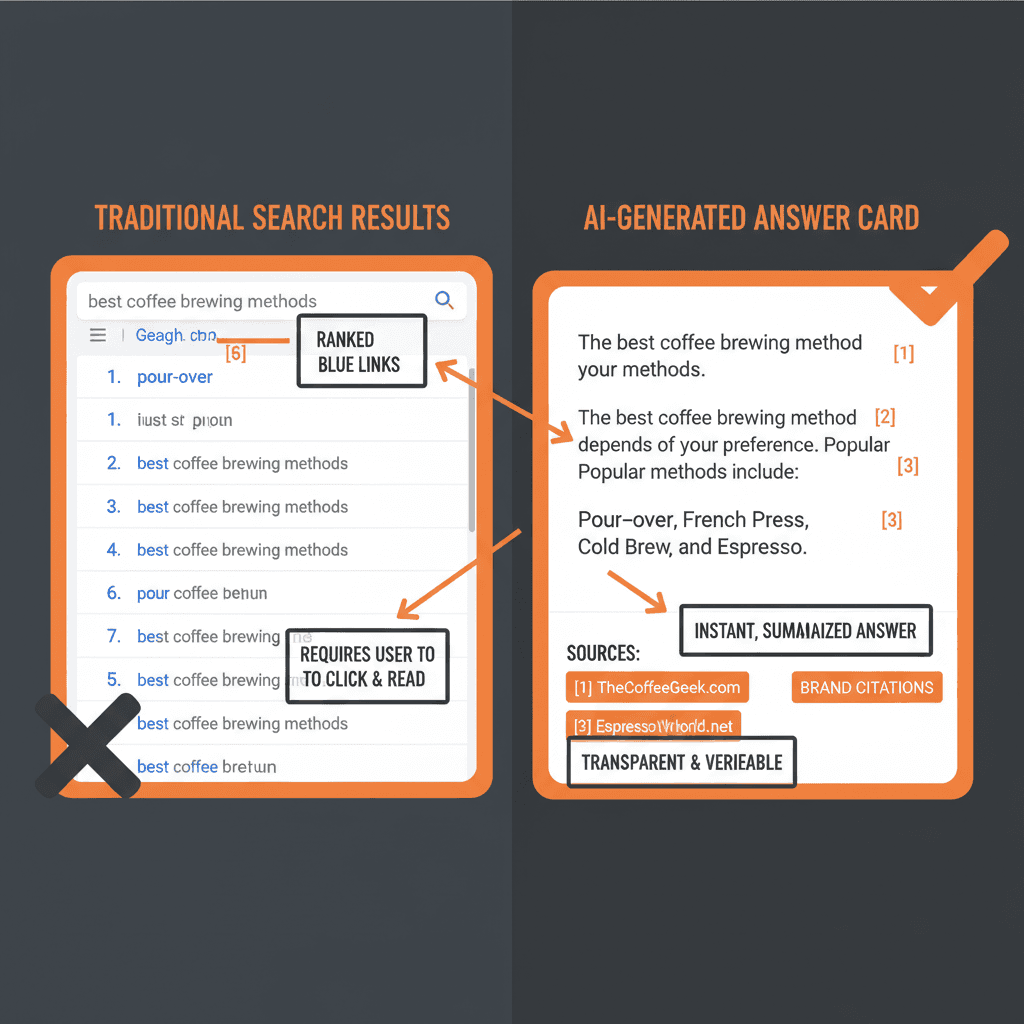 Side-by-side comparison of traditional search results versus AI-generated answer showing citation differences