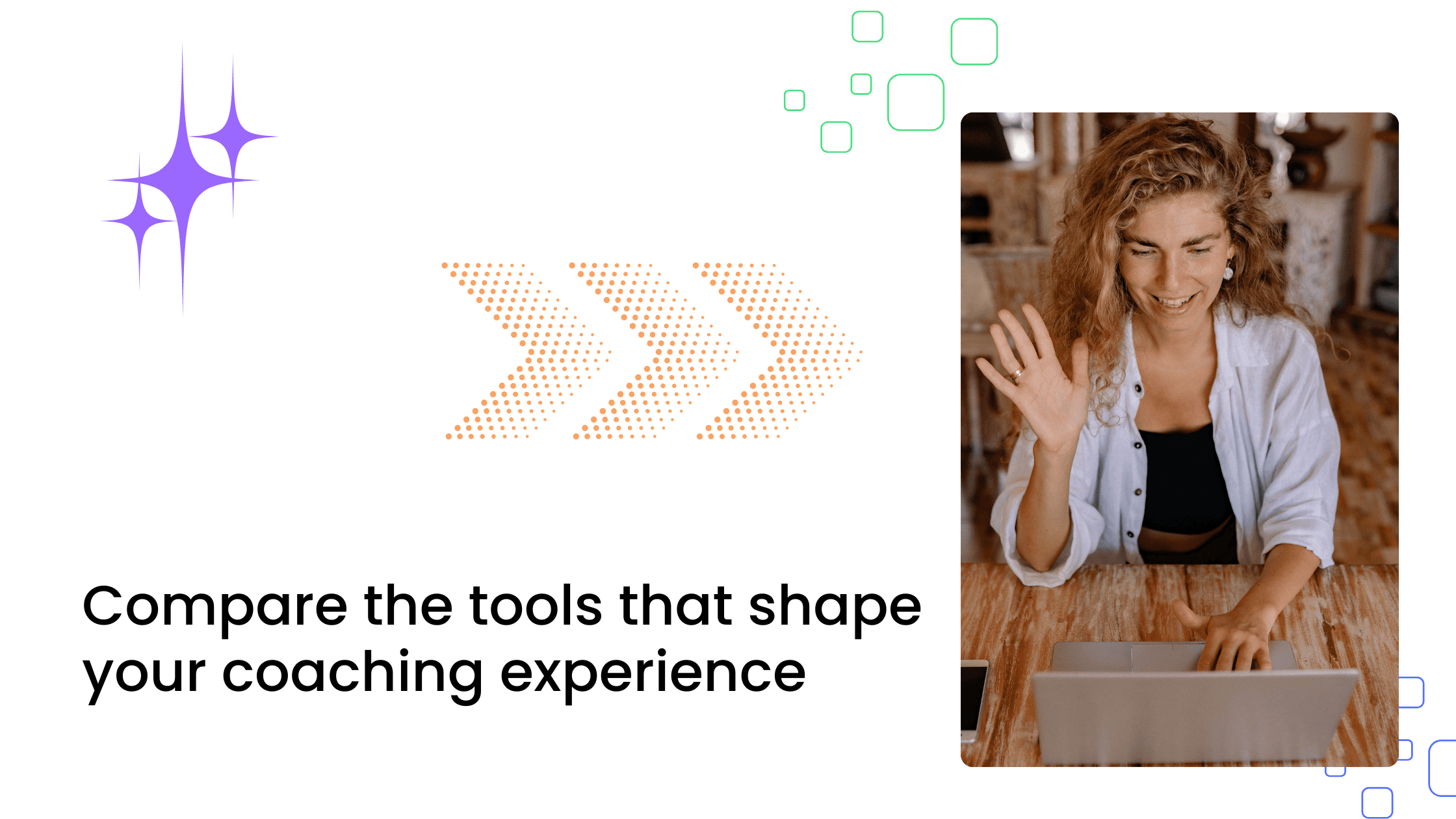 Smiling coach waving during a video call in a creative comparing coaching platform tools and experiences.