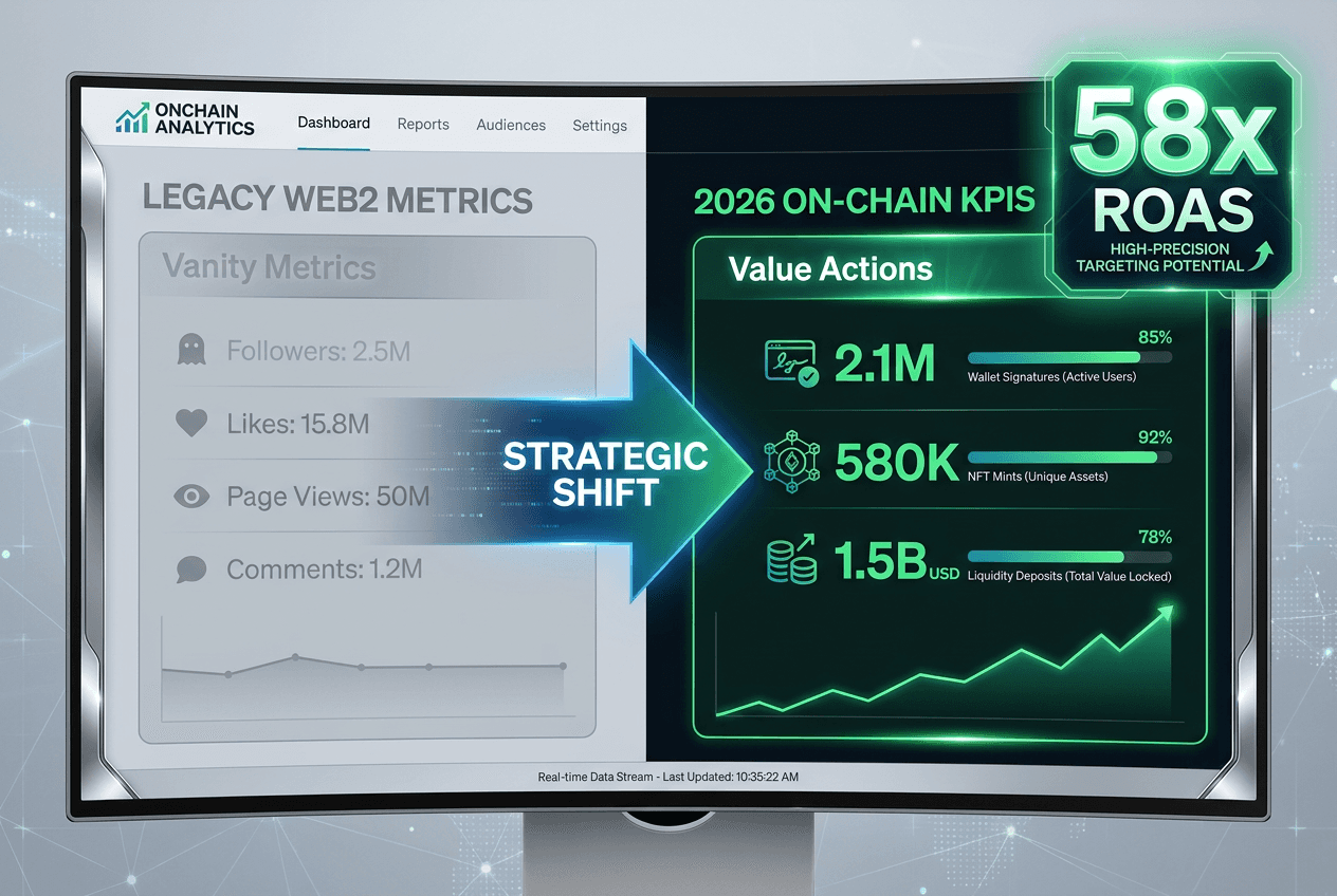 Comparison of crypto marketing metrics shifting from social vanity likes to on-chain wallet signatures and ROI-driven mint events.