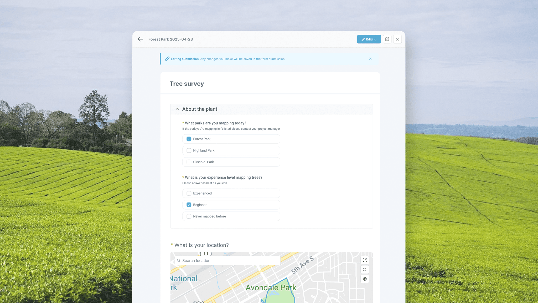 Mockups of the app on a faded background