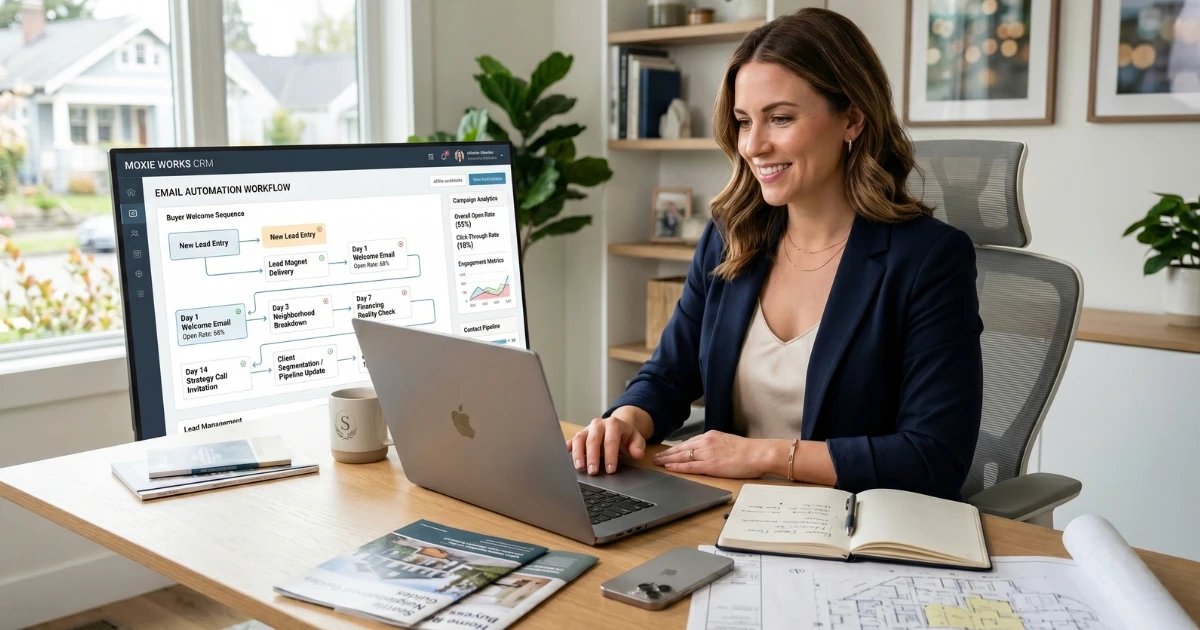 A real estate professional gently setting up an automated email marketing drip campaign on a laptop to nurture their local database.