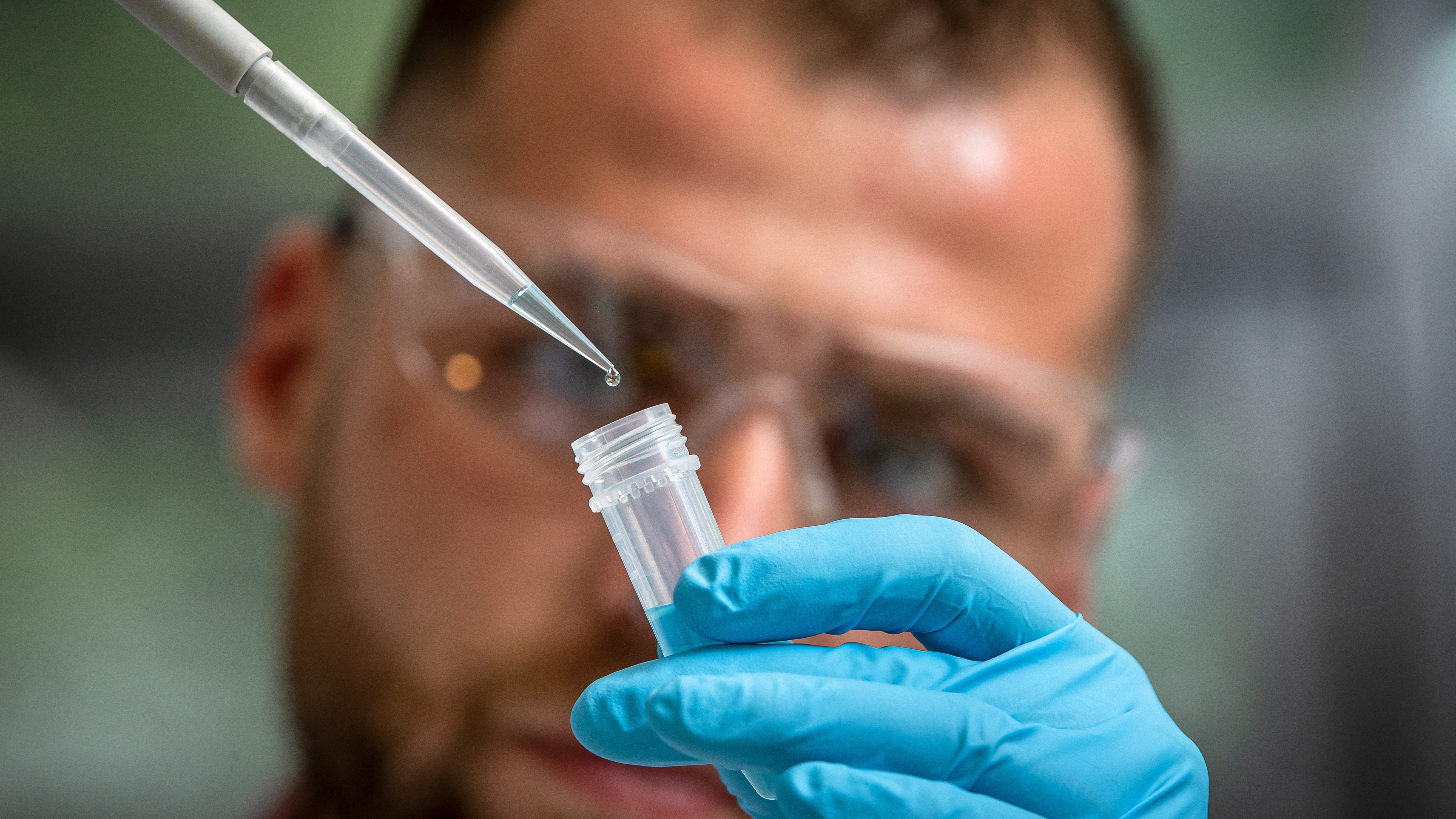 An image of a man in a laboratory wearing blue gloves, using a dropper on a test tube.