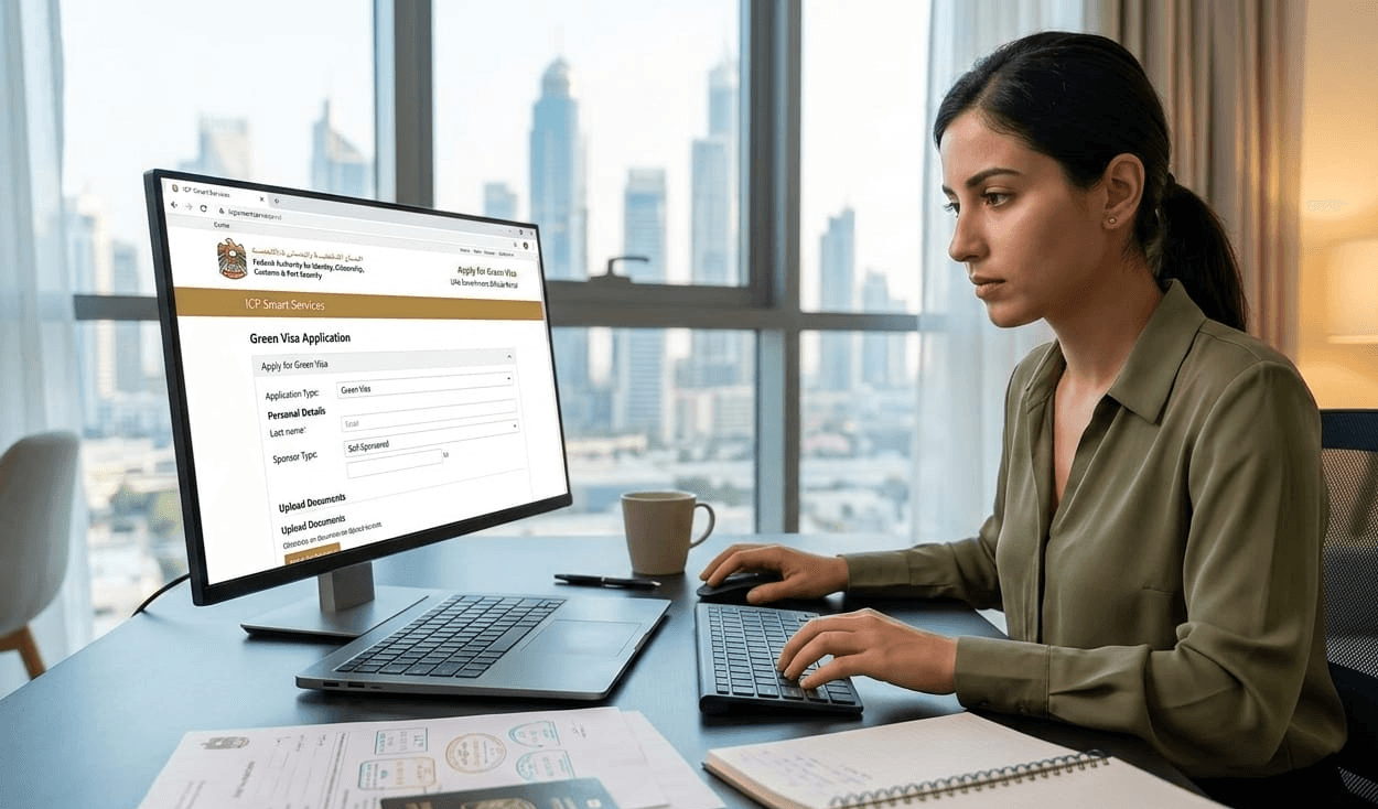 A woman applies for a UAE Green Visa on her computer.