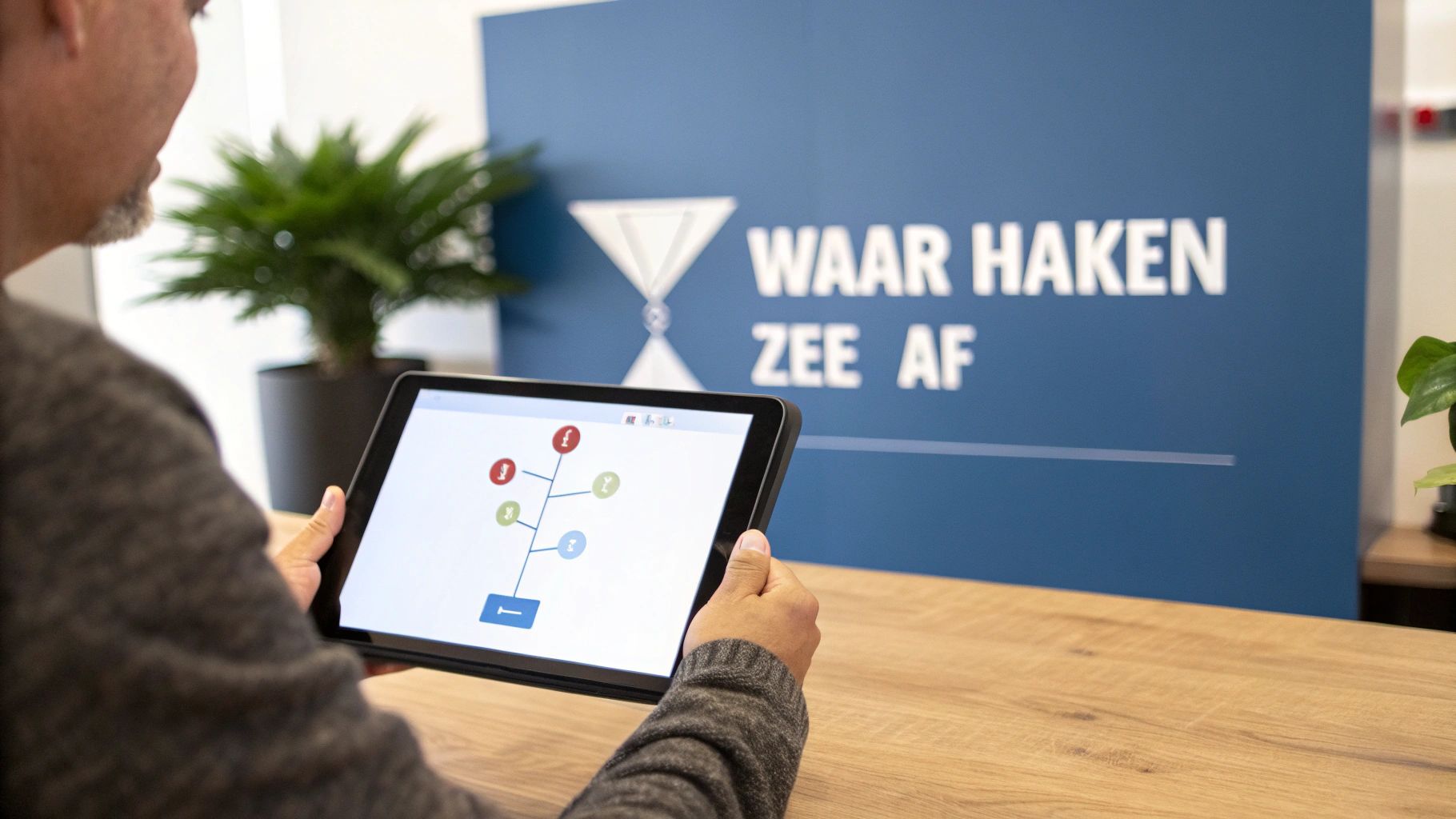 Man bekijkt een diagram op een tablet voor een blauwe muur met de tekst 'WAAR HAKEN ZEE AF'.
