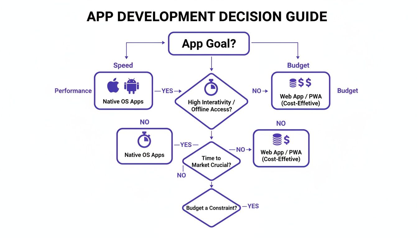 Flowchart guiding app development decisions based on performance, budget, interactivity, and time to market.