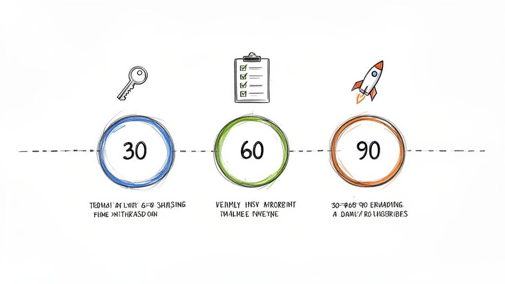 A visual timeline diagram showing three circular stages: 30 (with a key), 60 (with a checklist), and 90 (with a rocket), representing a process or journey.