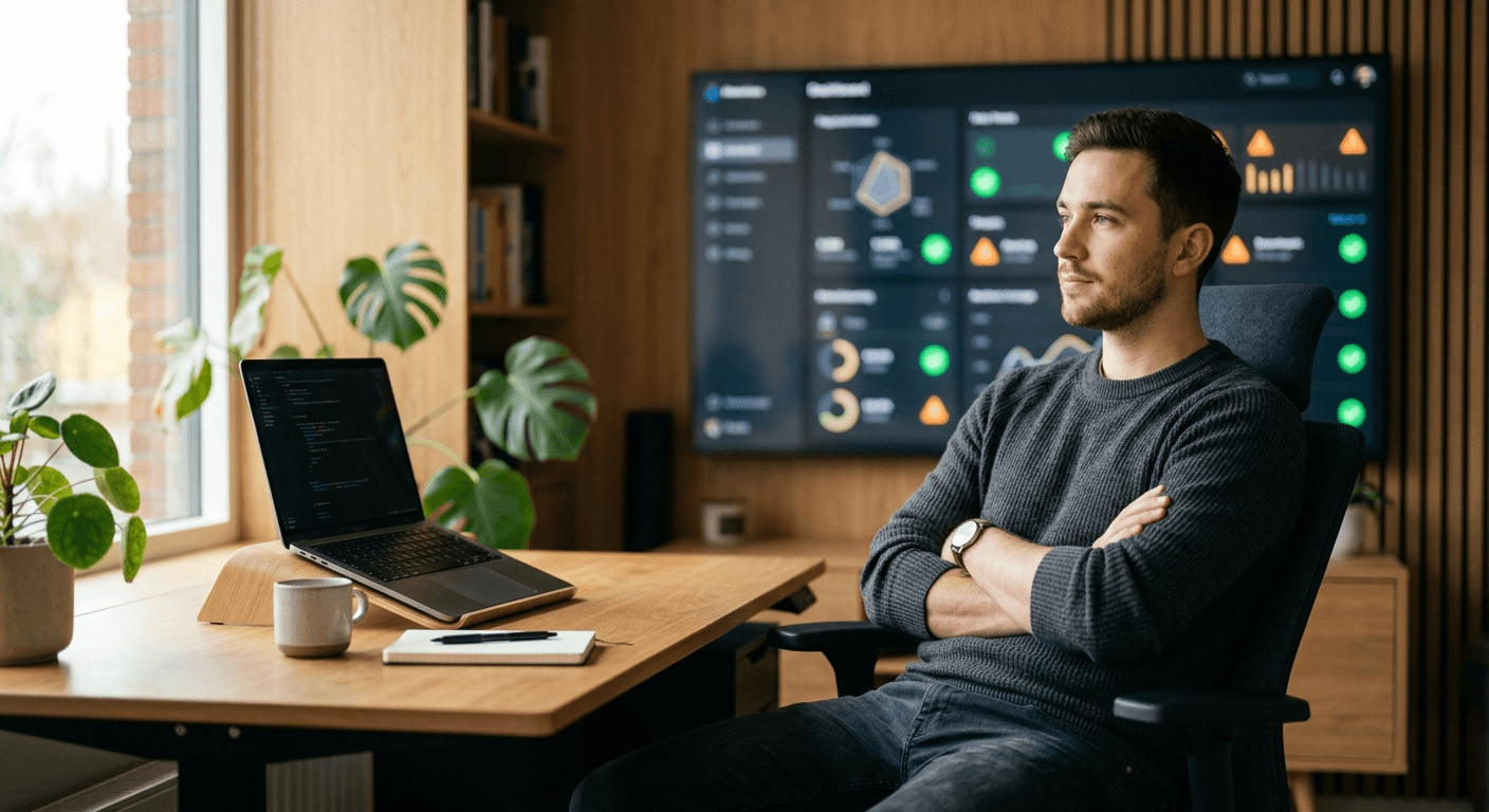 Developer thoughtfully assessing automation platform performance with an abstract dashboard of checks and warnings behind them