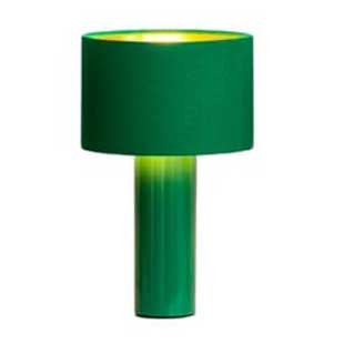 A dark green modern table lamp with a cylindrical base and a cylindrical lampshade, shown on a white background.