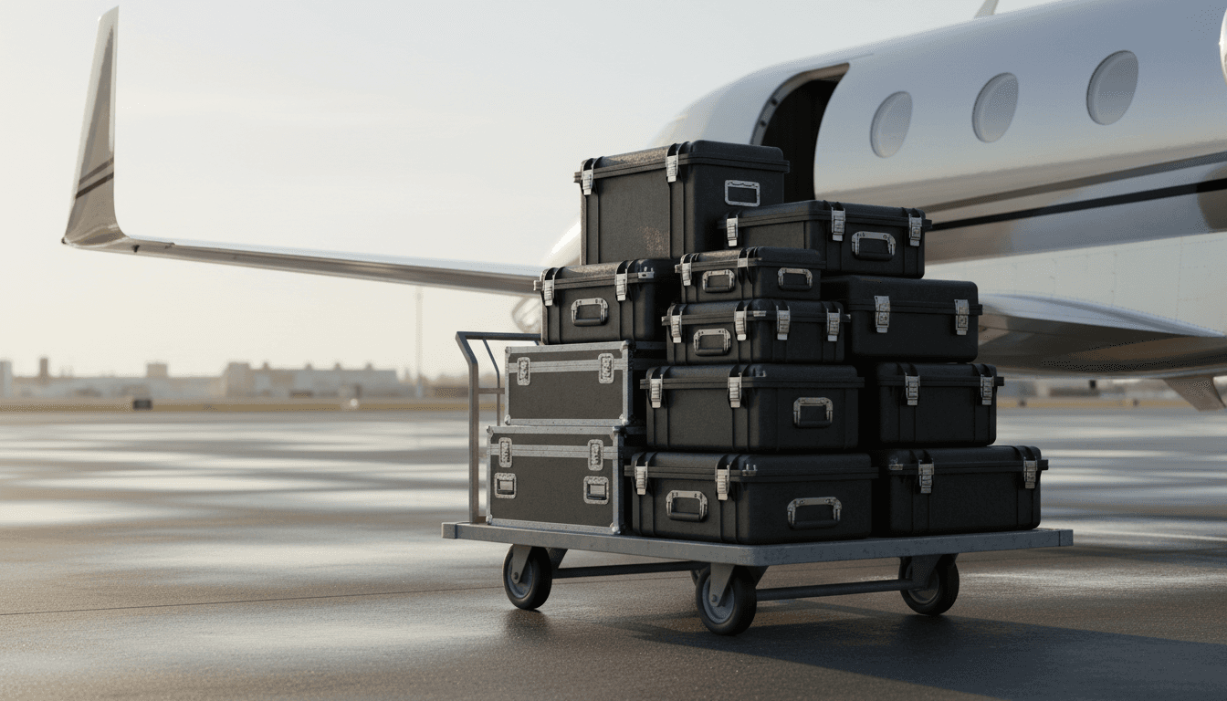 Stacked cinema camera and lighting hard cases lined up at a private jet's cargo door — equipment that travels on the crew's own aircraft