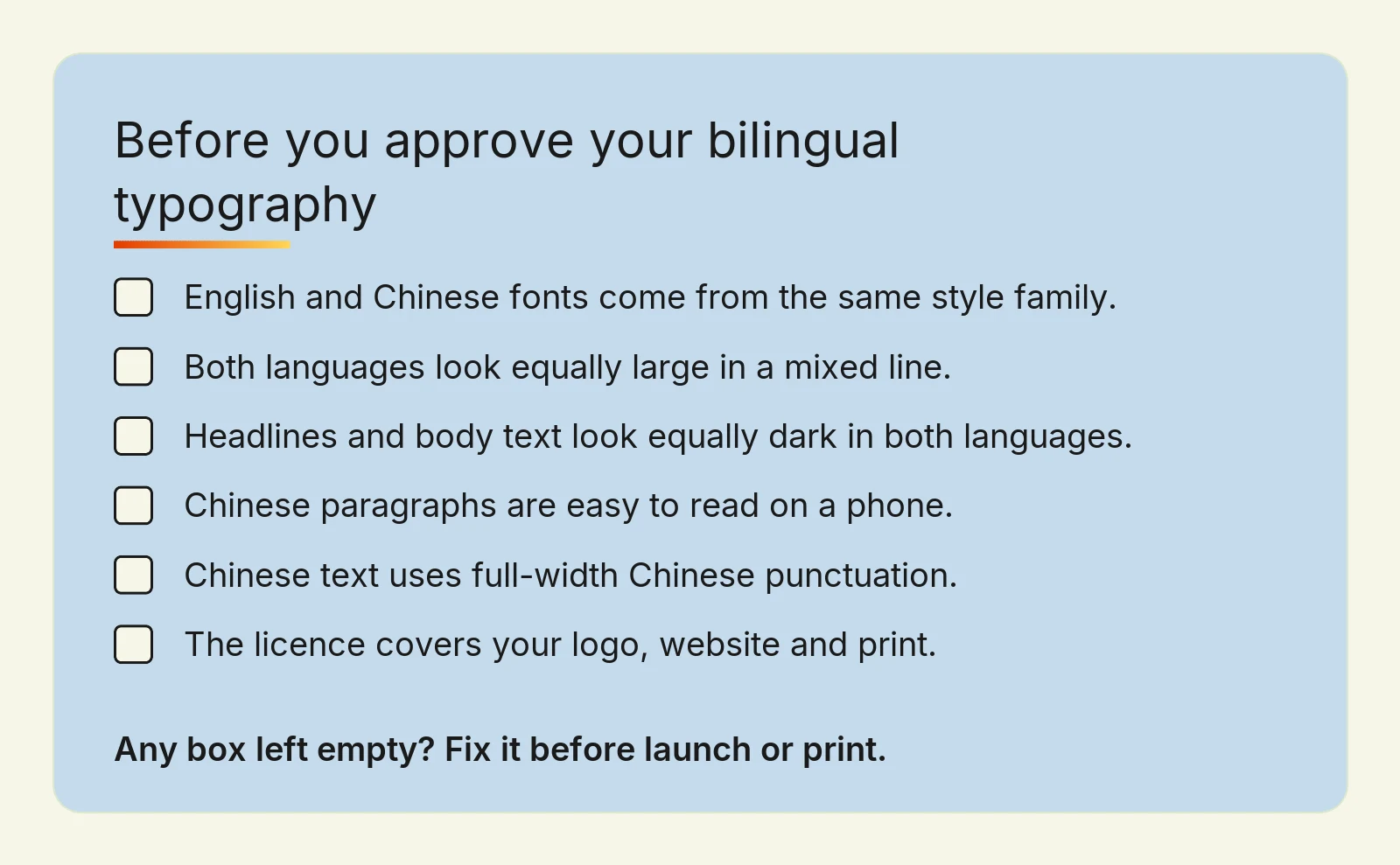 Checklist for signing off English and Chinese typography before launch