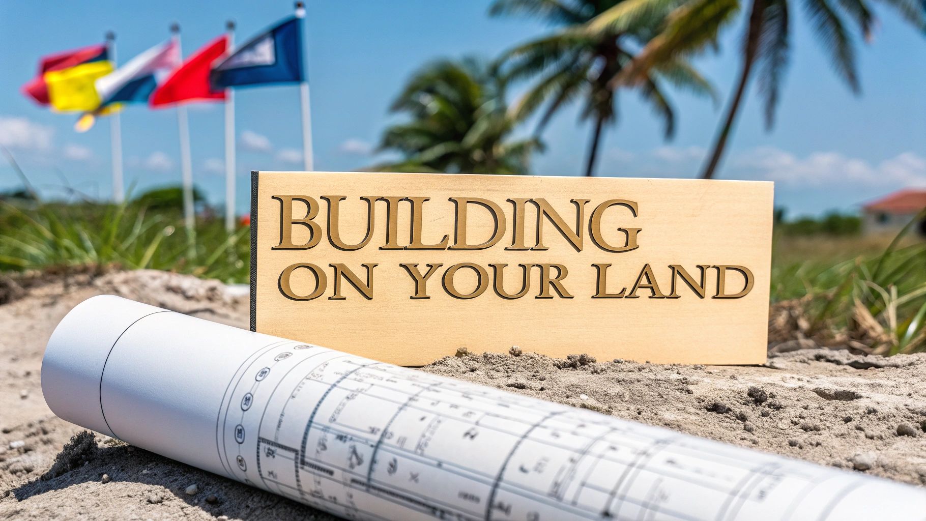 a tan sign on a beach reading 'building on your land' with flags and palm trees in the background and a rolled up home plan in the foreground
