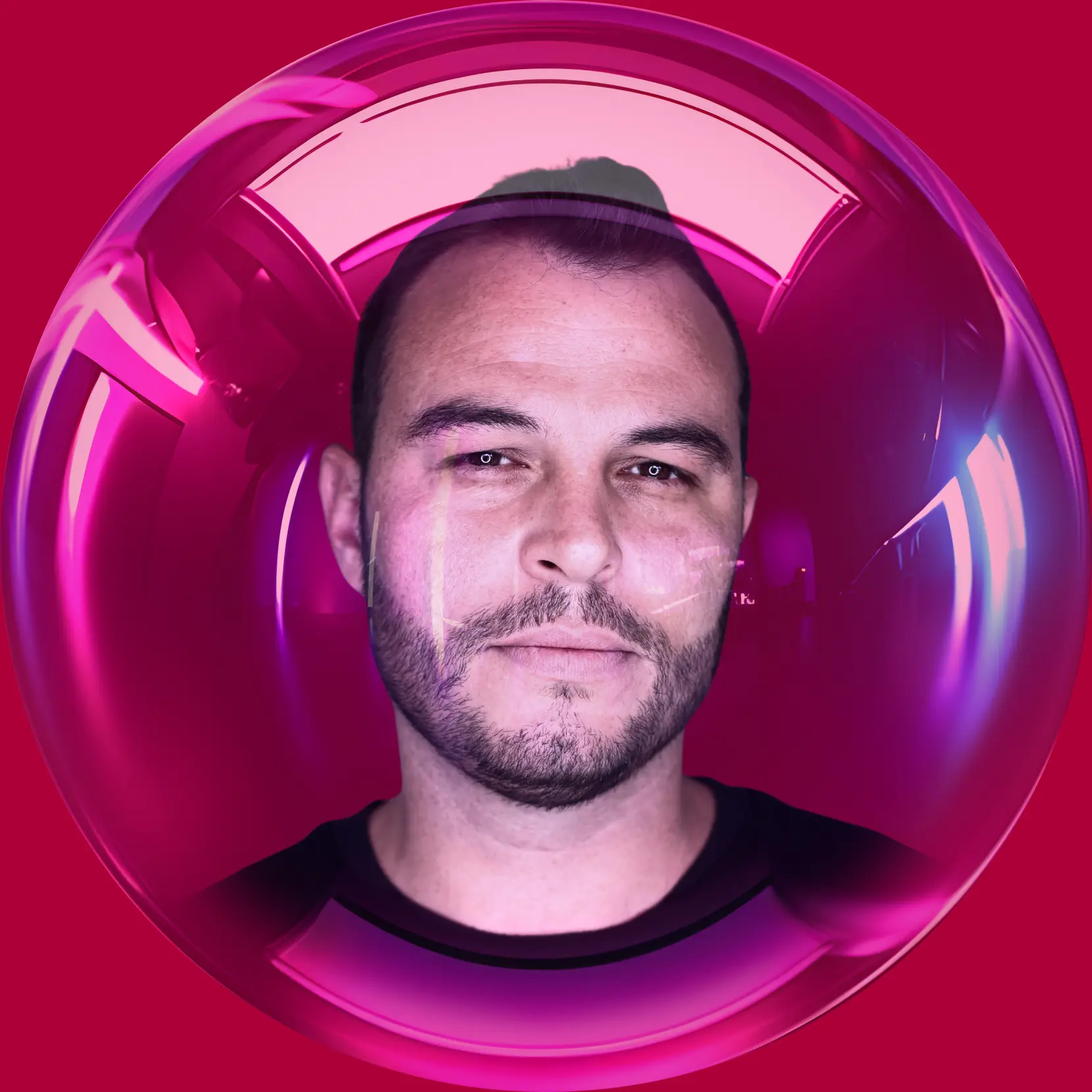 My portrait inside a pink and blue bubble. I'm with short hair, wearing a light beard, looking to the camera and wearing a black t-shirt.