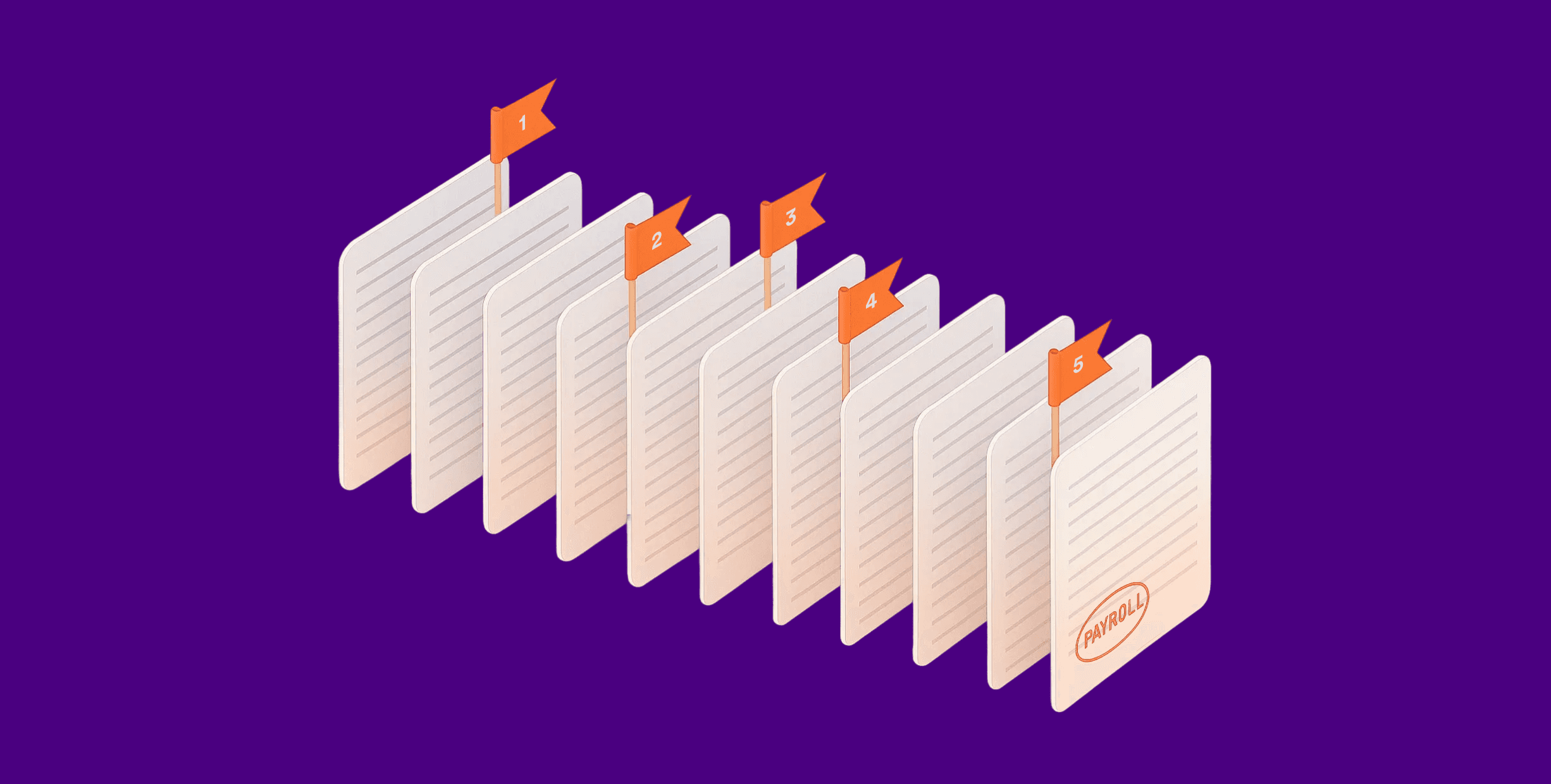 A row of white files labeled "Payroll," with orange flags sticking out of some of them. The background is purple.