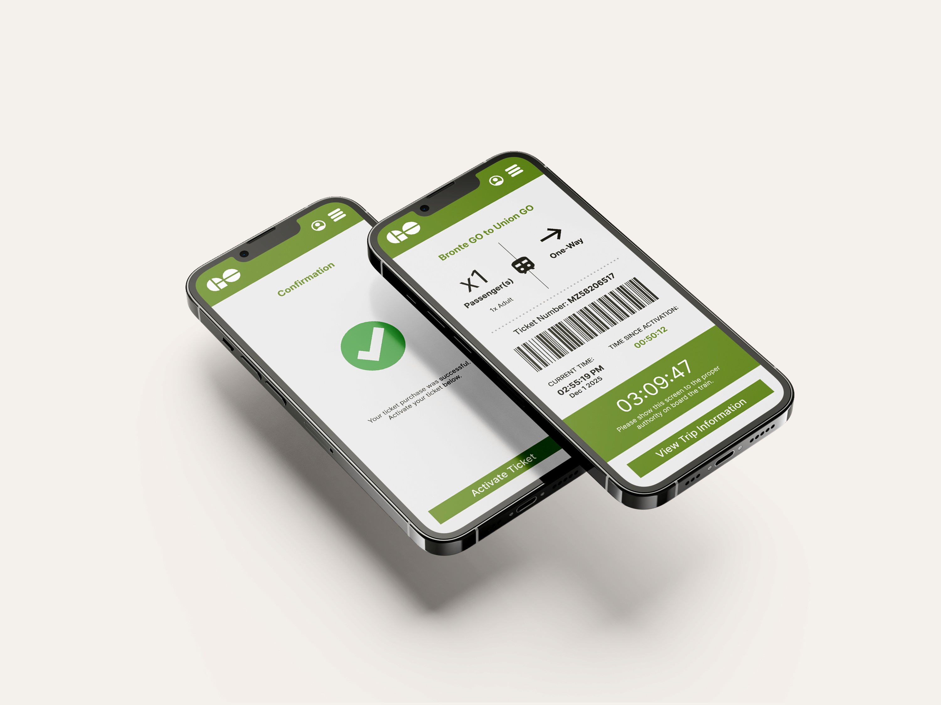 Two smartphone screens displaying a digital train ticket and a confirmation message after activation.