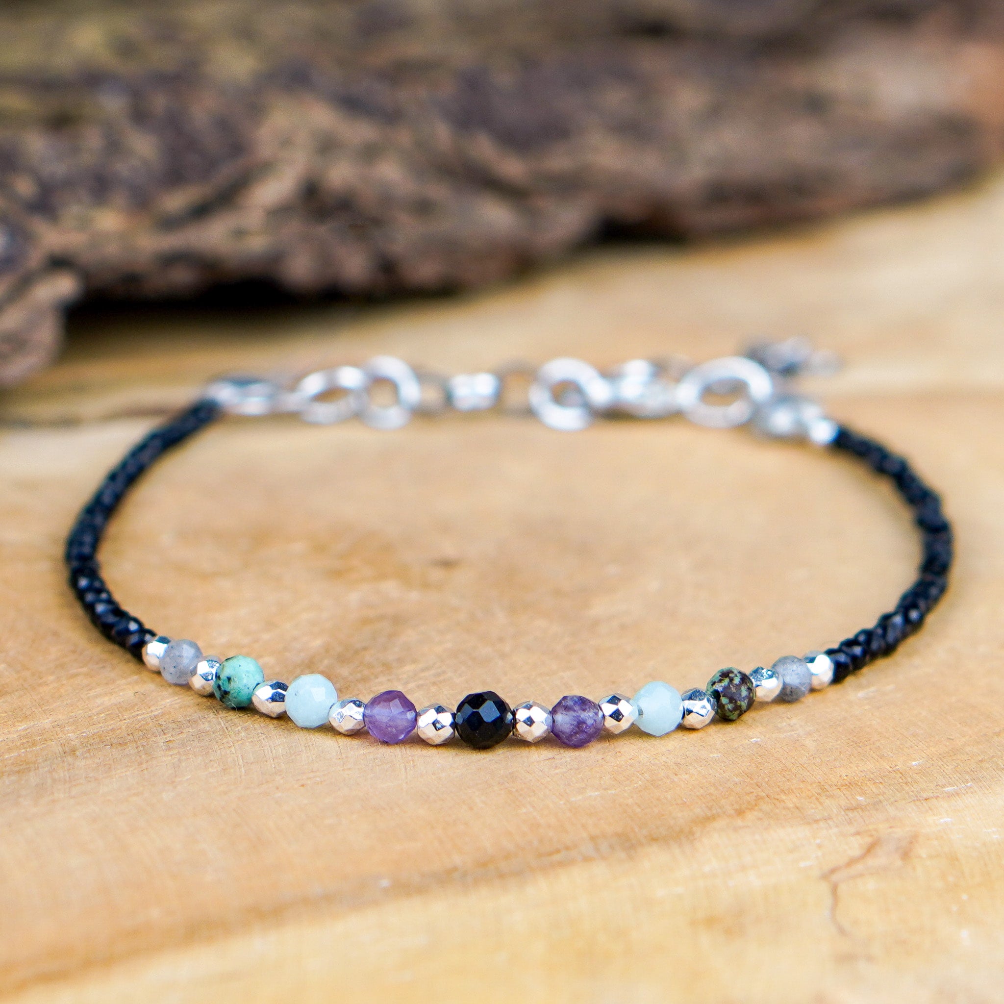 Bransoletka Ryby czarny turmalin fluoryt akwamaryn turkus labradoryt