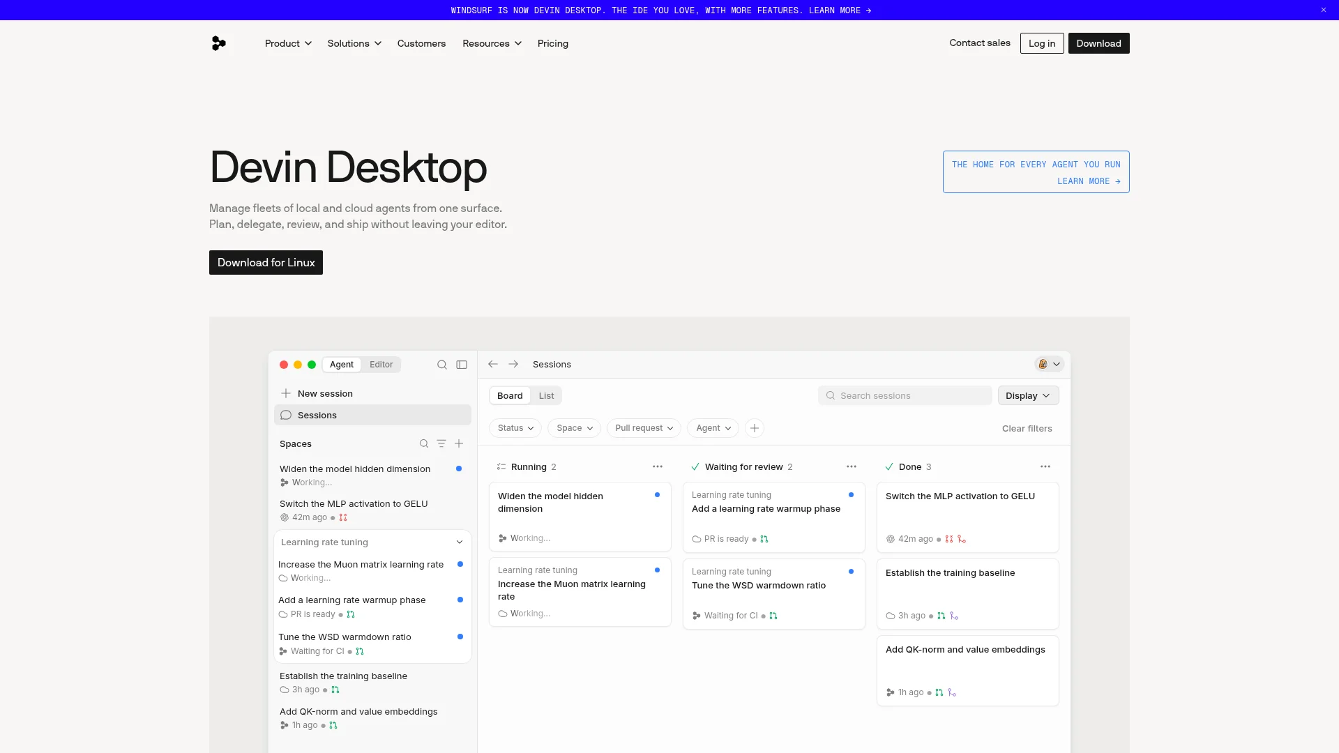 Windsurf rebranded as Devin Desktop, showing the agent command center for managing coding agents