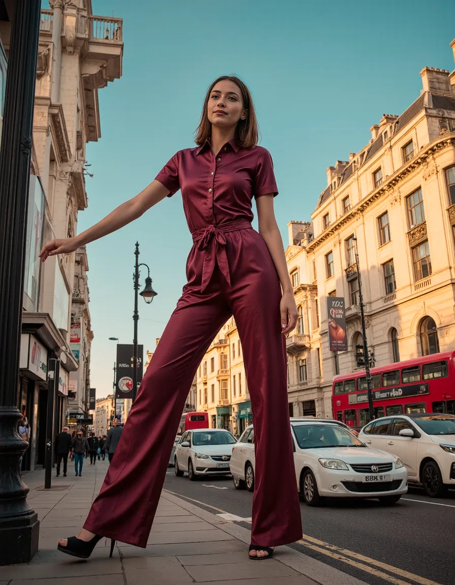 Burgundy jumpsuit styled against classic London architecture with iconic red bus in background during golden hour lighting