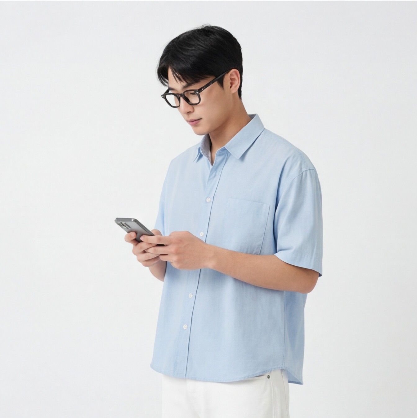 Sky Blue Short Sleeve Shirt with White Trousers