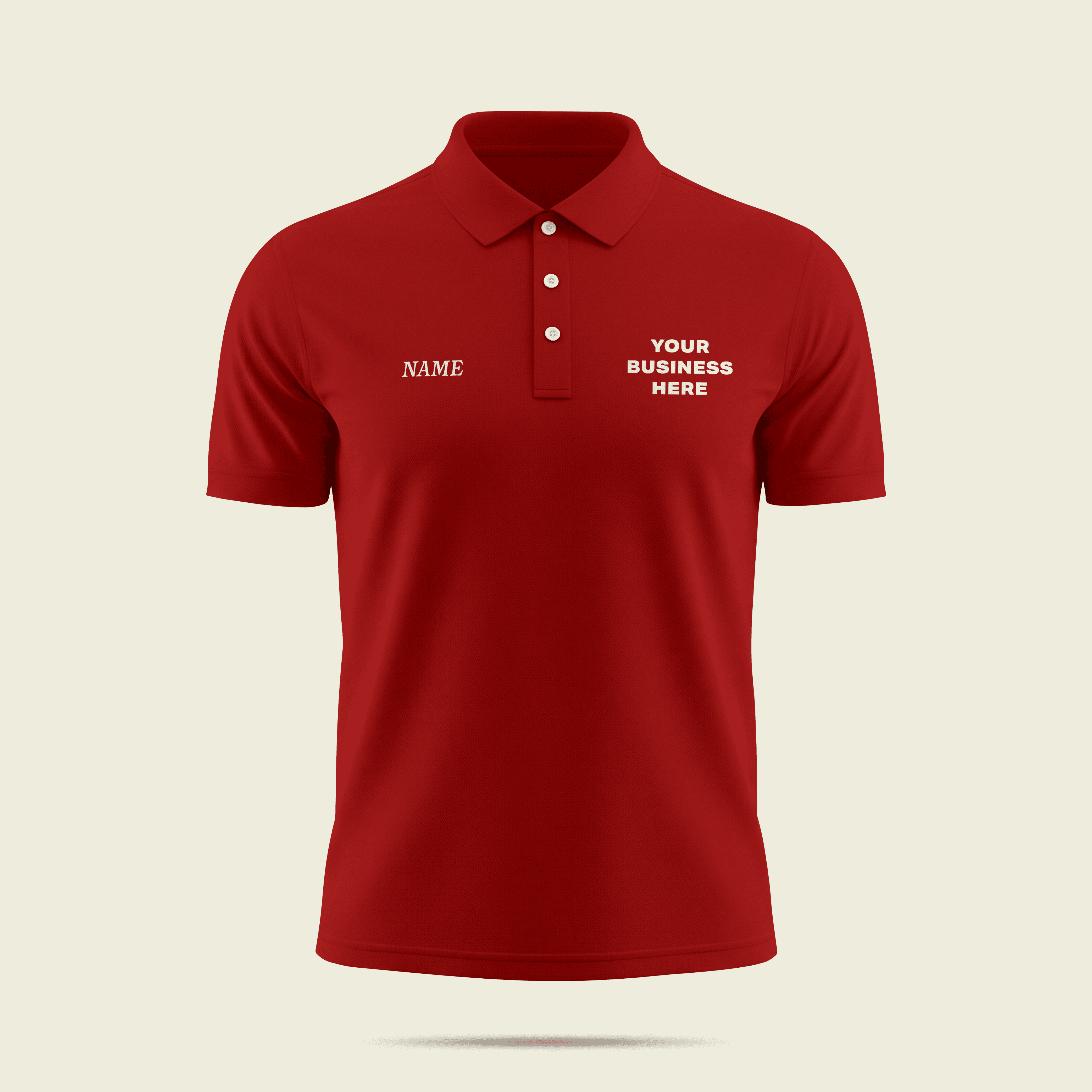 Red collared shirt with white lettering saying "Your Business Here."