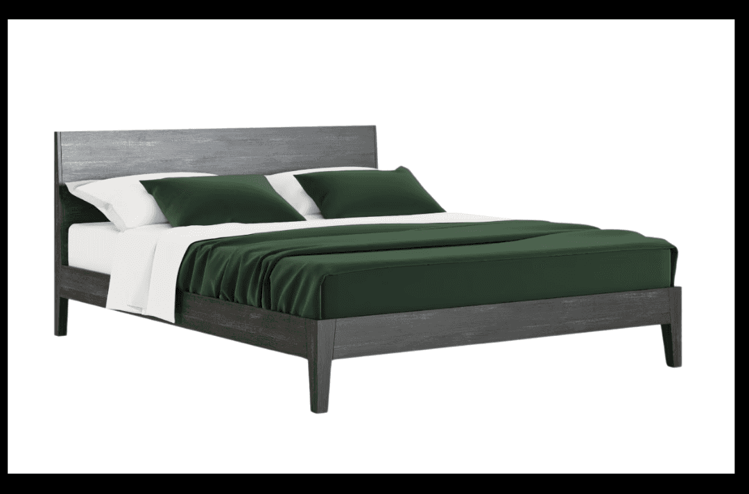 Black stained wooden bed with bold green bedding.