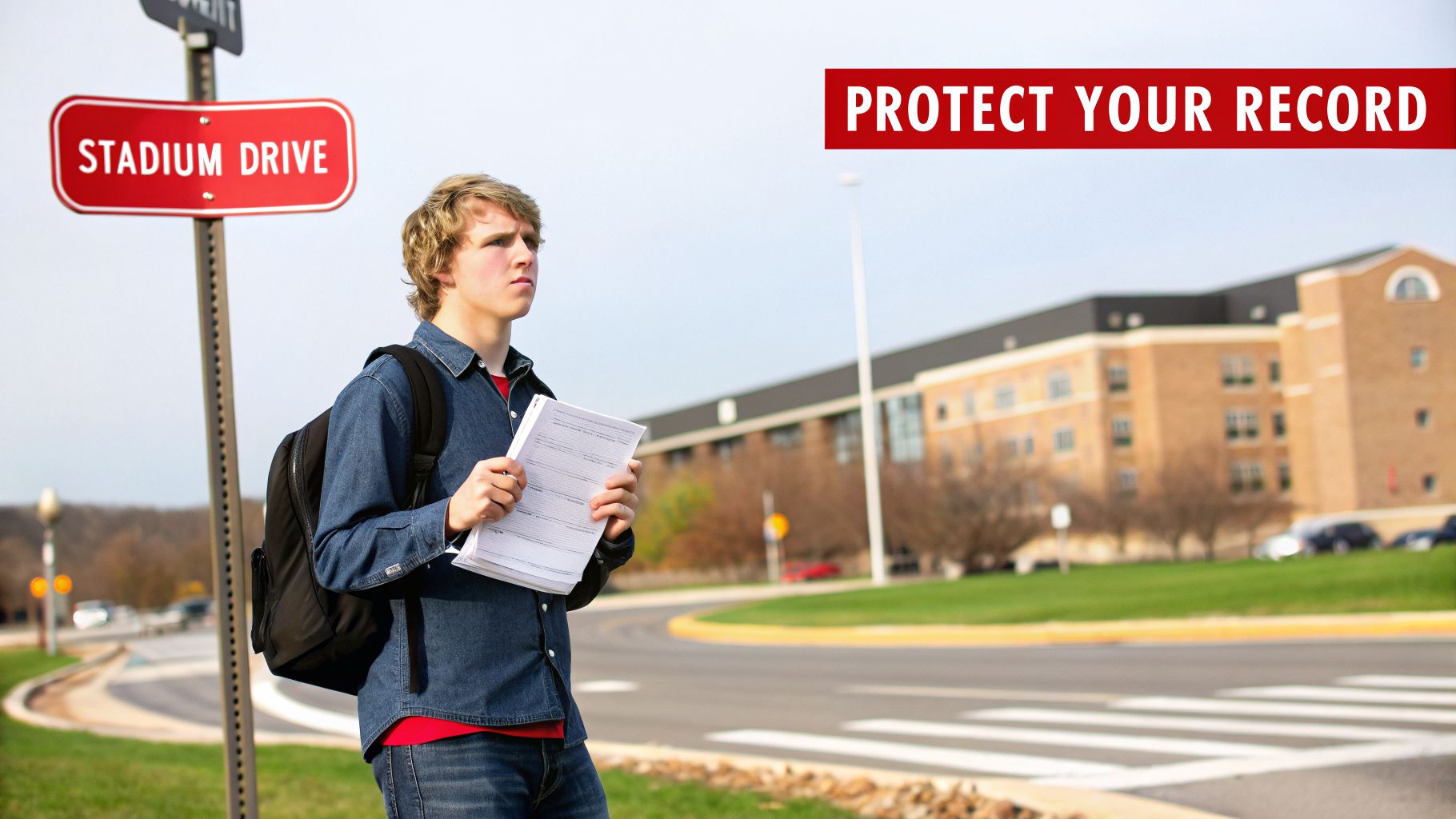 A male college student holds papers near a Stadium Drive sign, with a campus building in the background.
