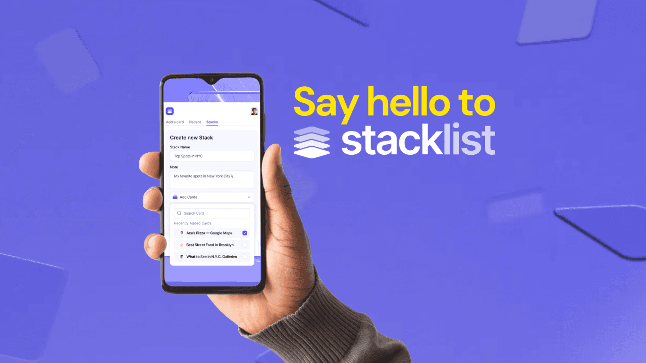 Person holding a phone with the Stacklist mobile app on it.