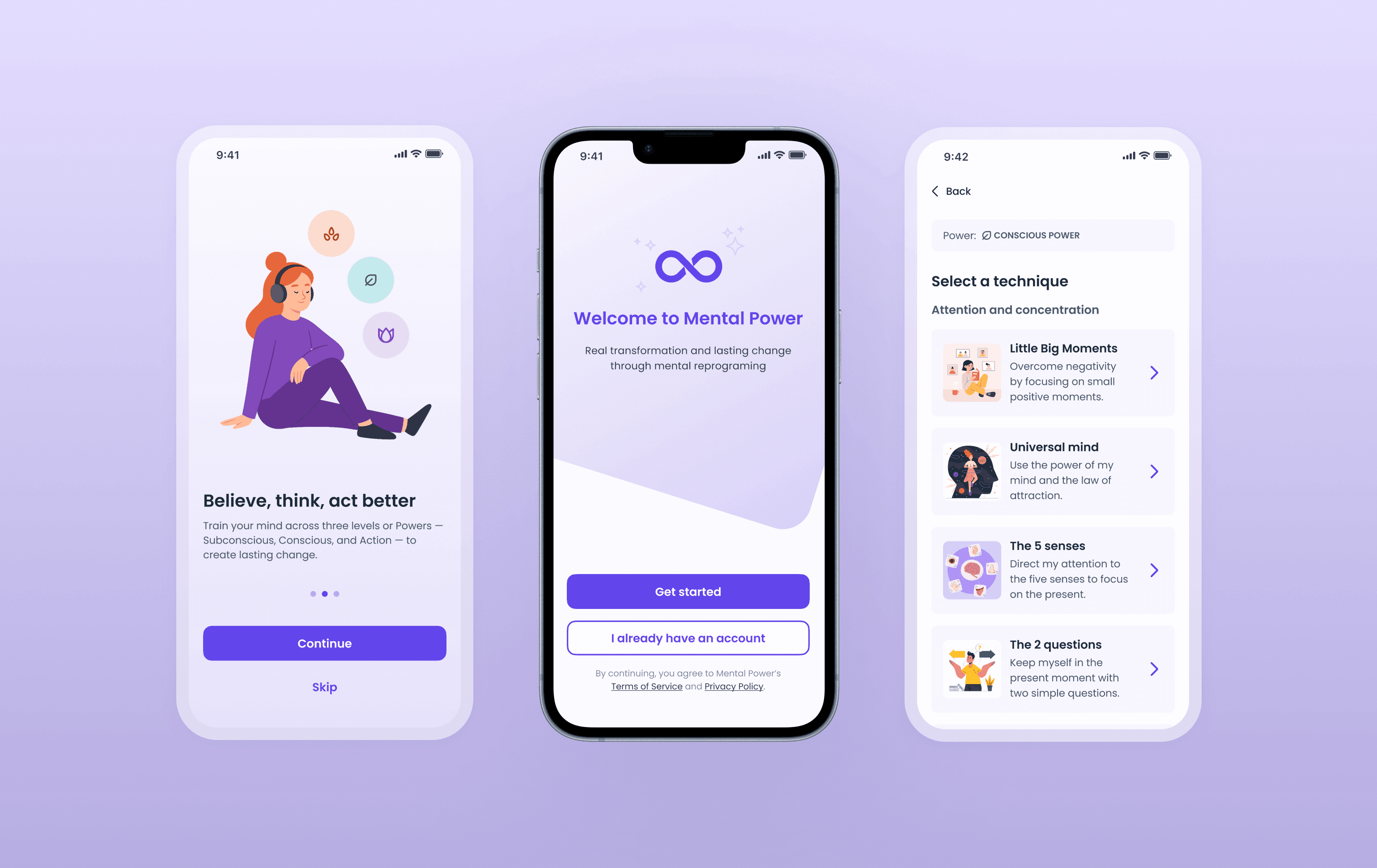 Three mobile screens showing the redesigned onboarding flow of the Mental Power app, including the welcome screen, an introductory slide with illustrations, and a technique selection screen.