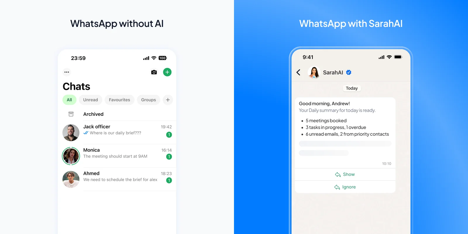 Split screen showing chaotic WhatsApp inbox vs. structured SarahAI-powered WhatsApp workflow with morning brief