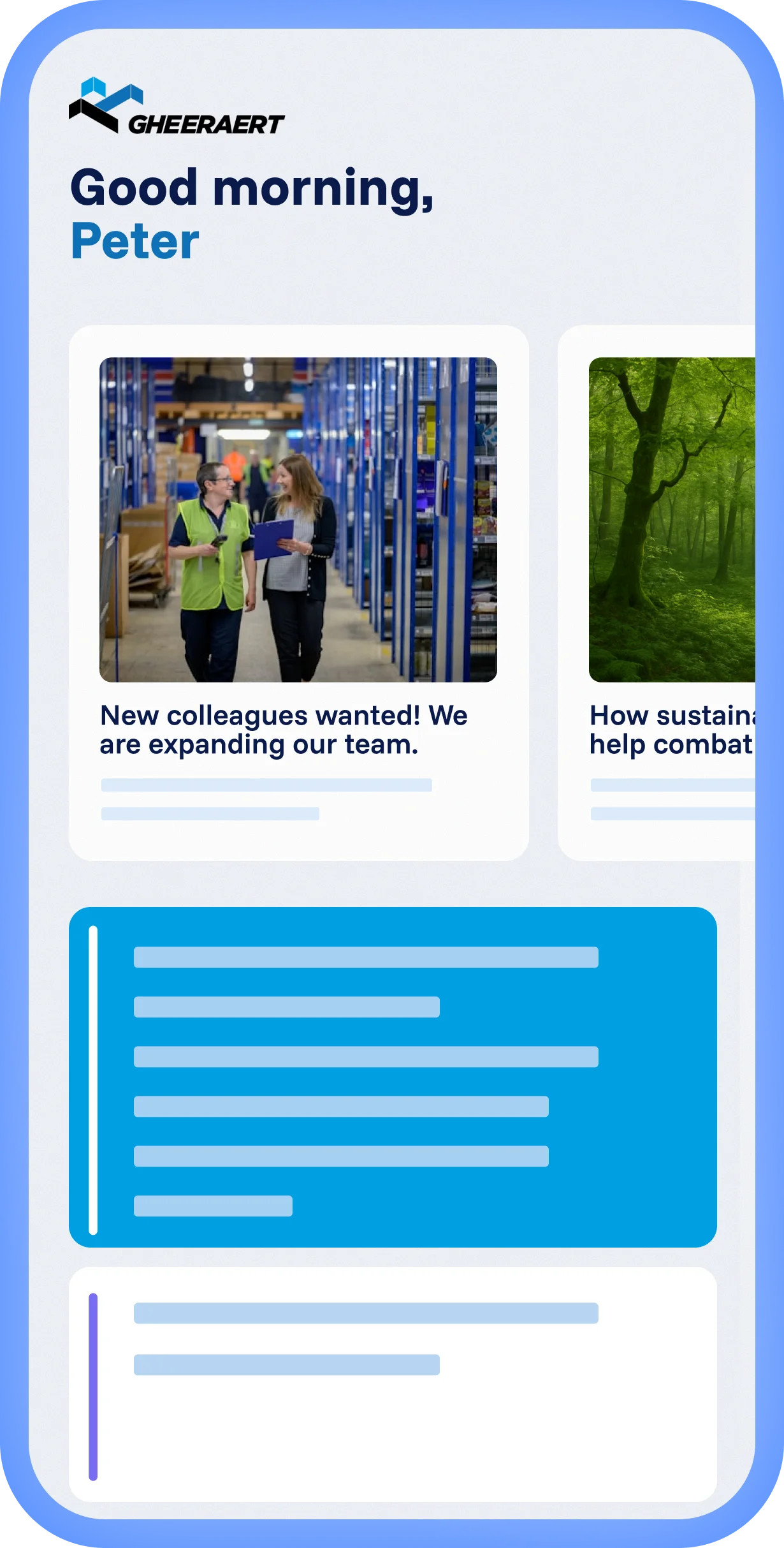 Spencer platform with local experience and custom Van Laere branding, personalized feed with articles and a clear layout