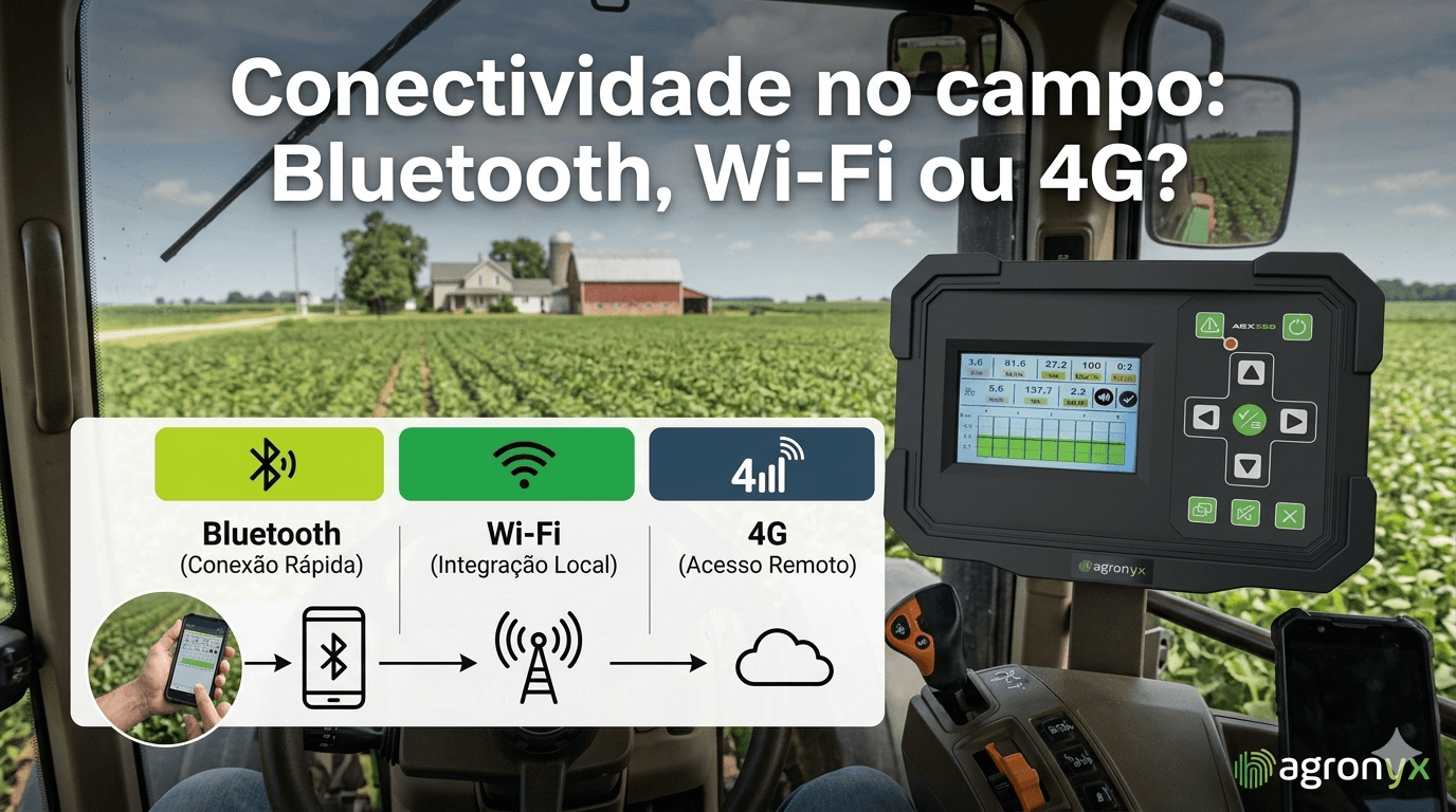 Infográfico da Agronyx sobre conectividade no campo, comparando o uso de Bluetooth para configuração na cabine, Wi-Fi para integração local e 4G para acesso remoto