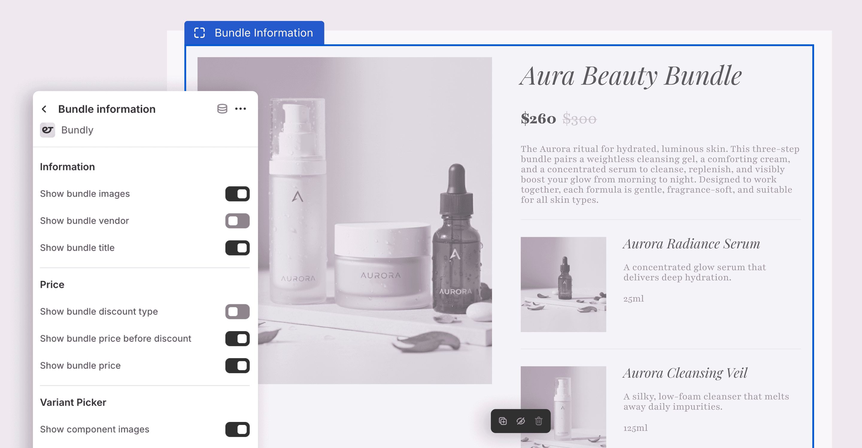 Bundle settings panel with toggles beside live preview of Aura Beauty Bundle on storefront