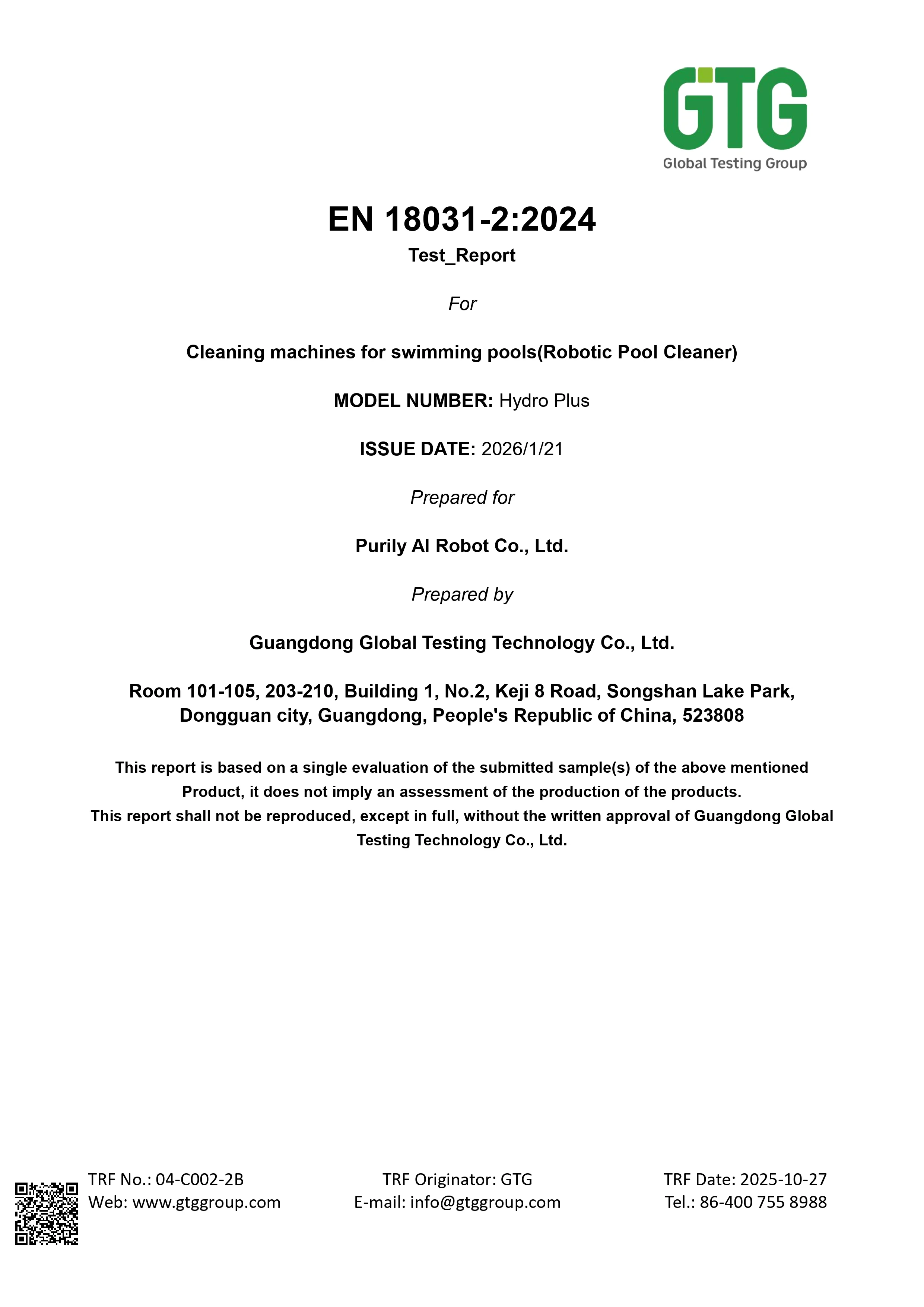 Purily pool robot compliance certification documentation
