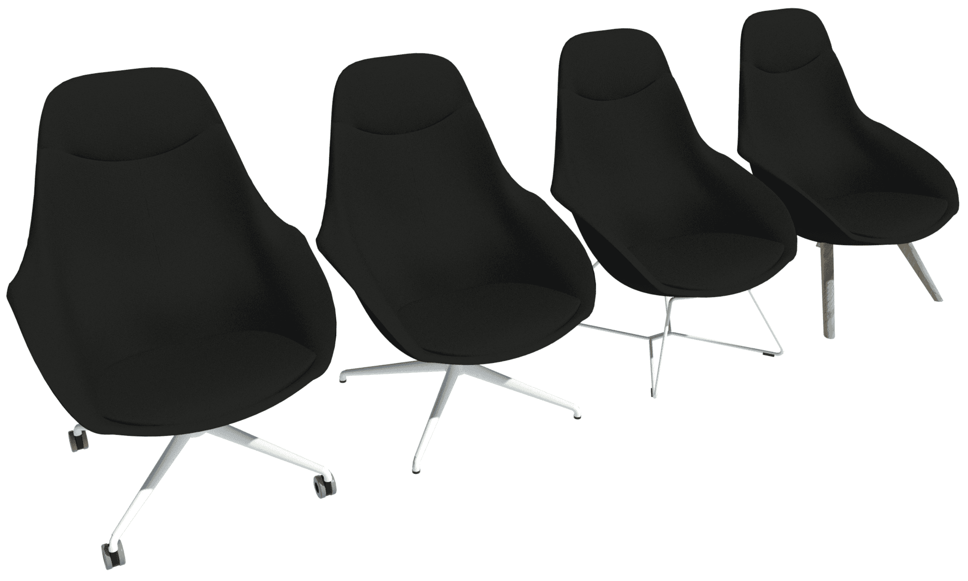 Yonda lounge chair available in four bases - four-star base with castors, four-star base with glides, sled base and tapered base.