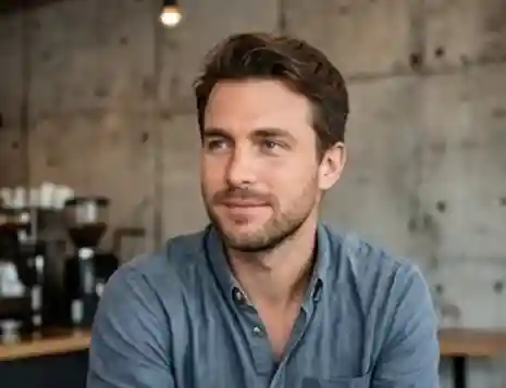 Headshot of a smiling male founder in a casual blue shirt, sitting in a modern office with a concrete wall background.