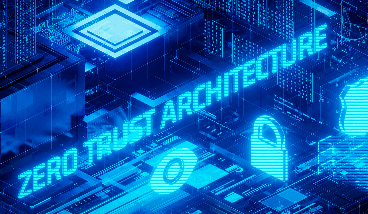 Fundo tecnológico com escita: "Zero Trust Architecture"
